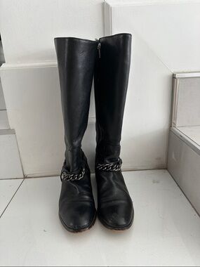 Coach Mabel Black Leather Knee-High Boots with Chain Detail